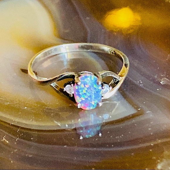 Antique Genuine Opal & Diamond Ring Stamped 925 Sterling Silver - Picture 4 of 15
